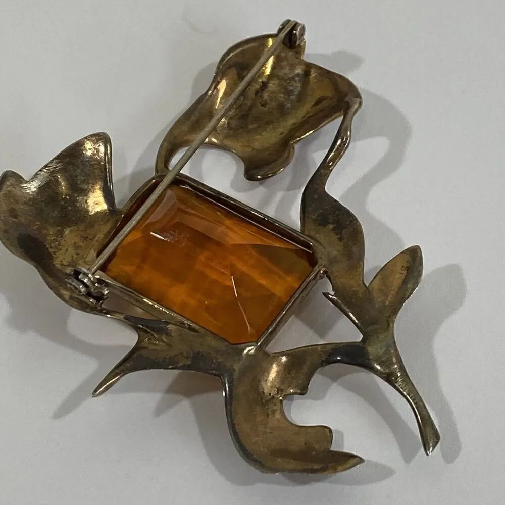Antique Large Sterling Silver & Topaz Glass Brooch Art Nouveau Estate 2 3/8”